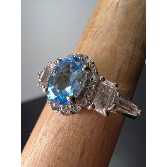 Blue and white topaz sterling silver halo ring size 9 - Picture 4 of 11
